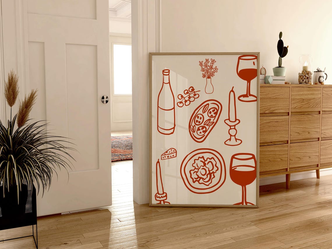 Terracotta Dinner Table Line Art Wine Pasta Retro Kitchen Poster - Image 3