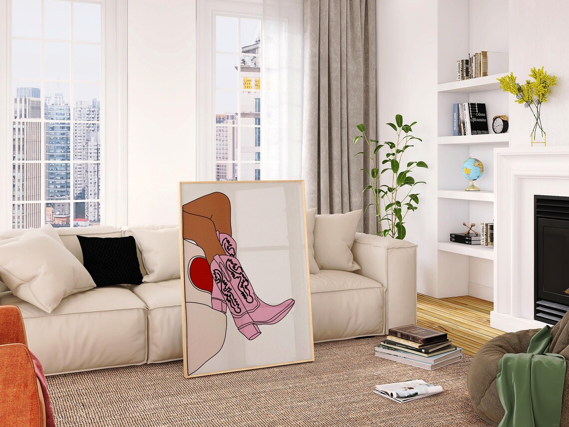 Pink Cowgirl Western Boots Boho Art Print - Image 3