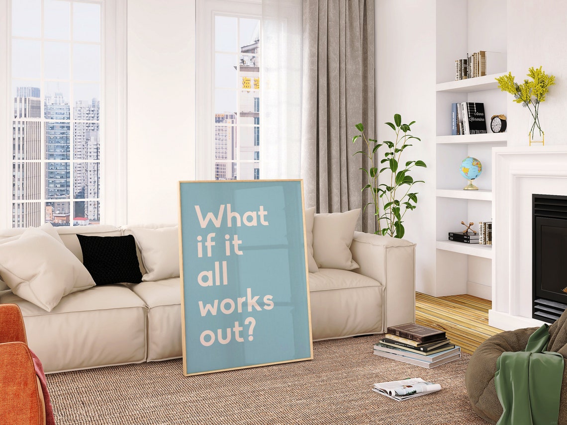 What If It All Works Out Dusty Blue Minimalist Quote Wall Art Poster - Image 3