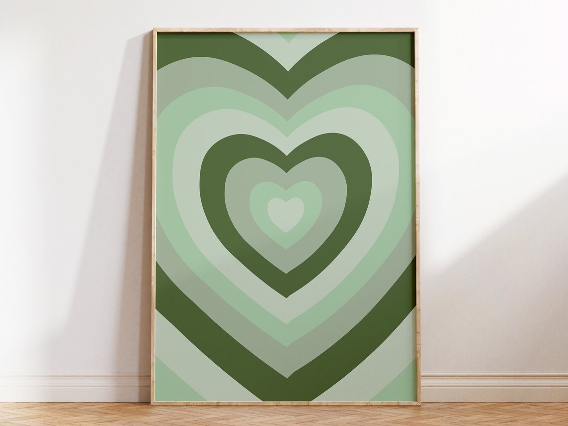 Sage Green Retro Heart Art Print, Groovy 60s-70s