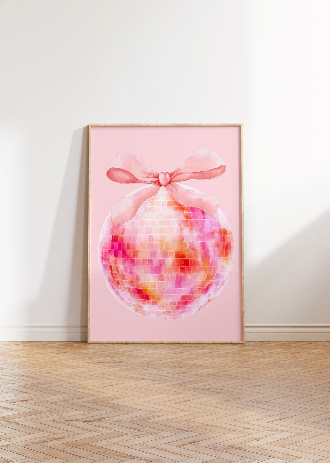 Pink Watercolor Disco Ball with Bow Trendy Coquette Party Wall Art - Image 2