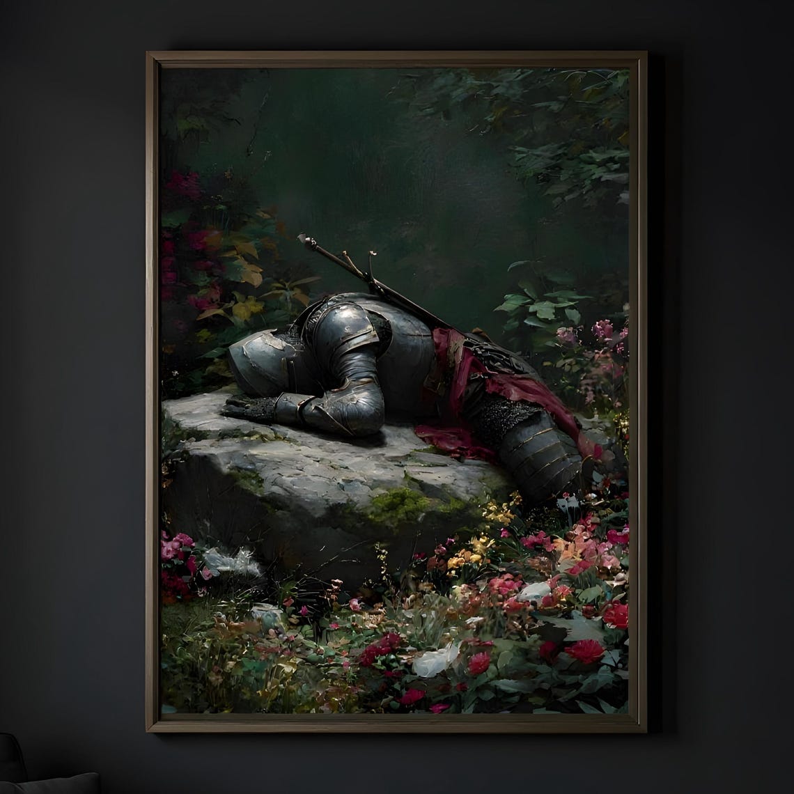 Fallen Knight Armor Resting Stone Wildflowers Dark Forest Fantasy Poster