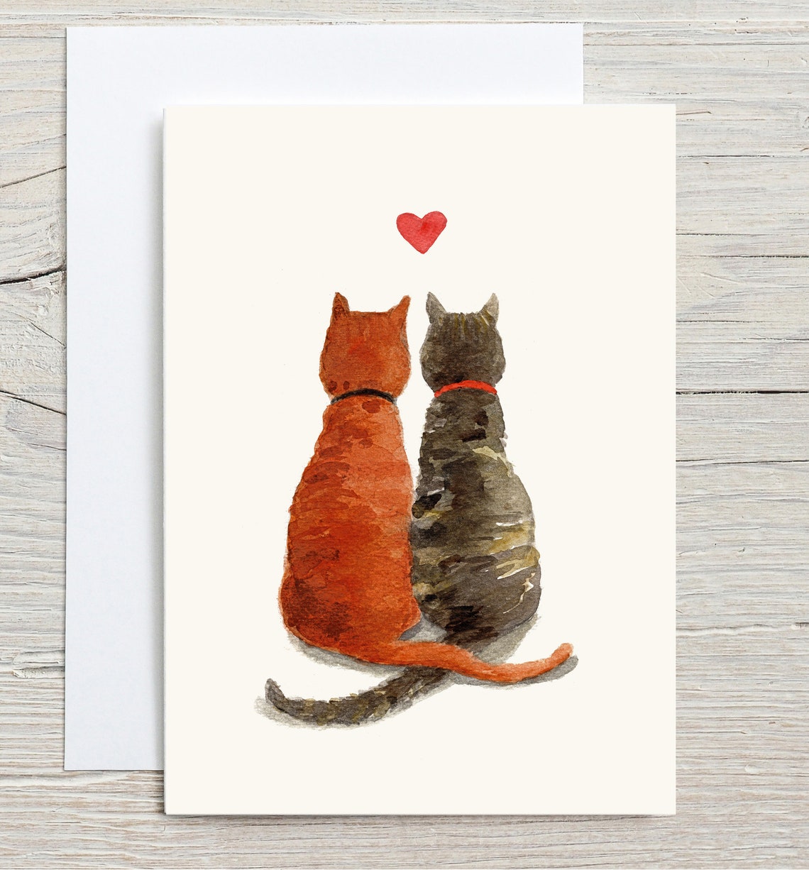 Two Cats Sitting Together Card Print with Red Heart for Cat Lovers