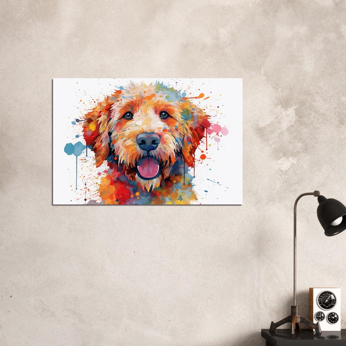 Golden Doodle Puppy Watercolor Portrait Splash Colorful Dog Art Poster - Image 3
