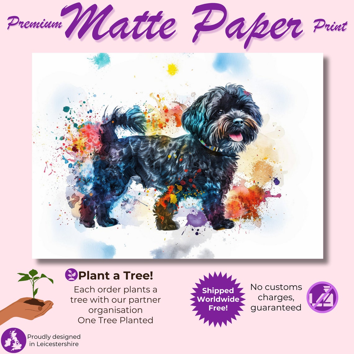 Black Cockapoo Watercolour Portrait Playful Paint Splatter Art Poster - Image 3
