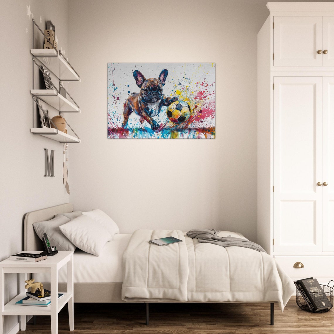 French Bulldog Puppy Playing Football Canvas Frenchie Mom Dad Sports Lover Wall Decor Gift Watercolour Wall Art Cute Soccer Ball Print - Image 3