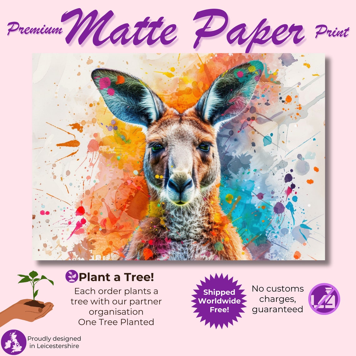 Kangaroo Close Up Portrait Colorful Paint Splash Wildlife Wall Art - Image 3