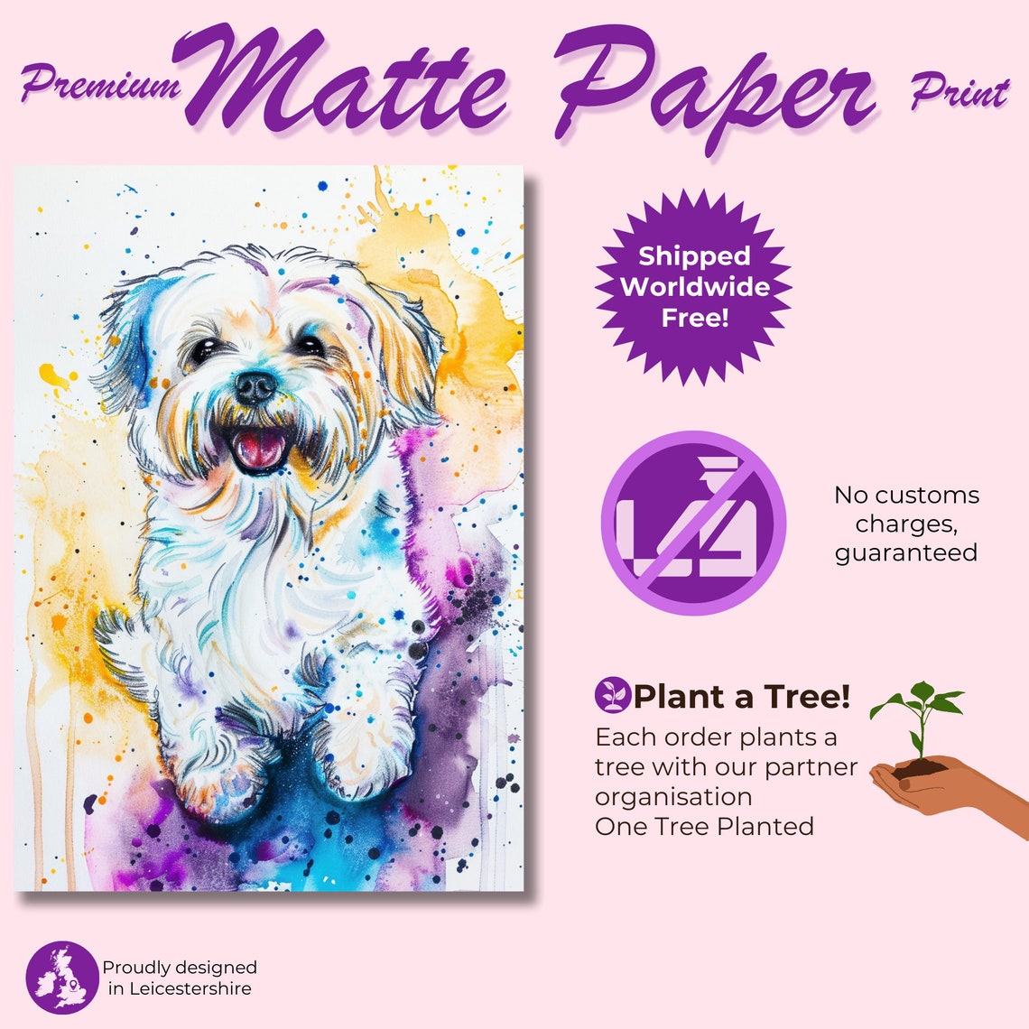 Happy White Puppy Watercolor Splash Cute Fluffy Dog Art Poster - Image 3