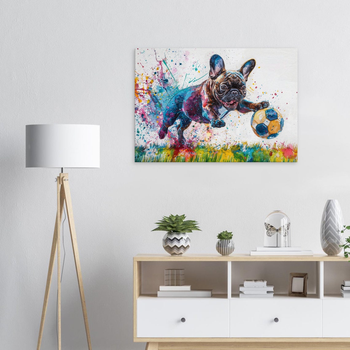 French Bulldog Playing Football Soccer On Canvas Frenchie Mom Dad Sports Lover Teen Room Decor Gift Paint Splash Wall Art Print Picture - Image 3