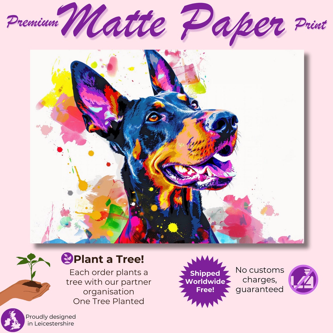 Smiling Dobermann Pop Art Portrait Vibrant Paint Splash Art Poster - Image 3