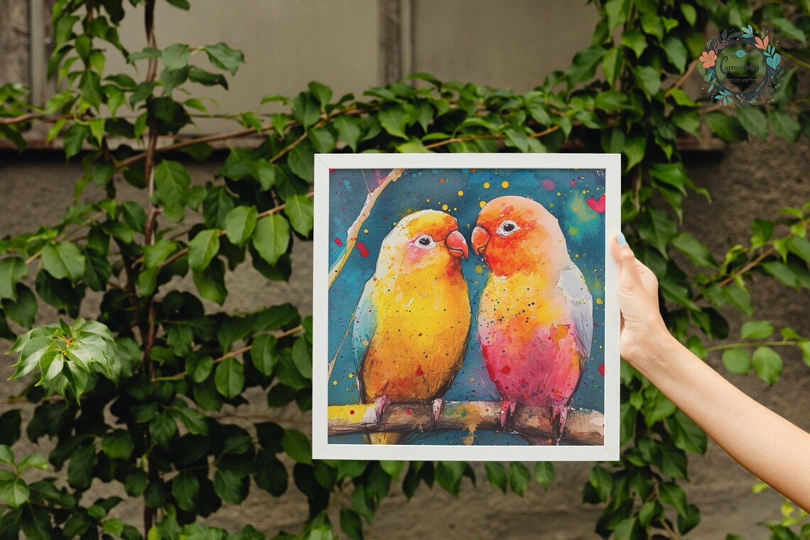 Lovebirds Watercolor Art Print, Abstract Bird Art - Image 2