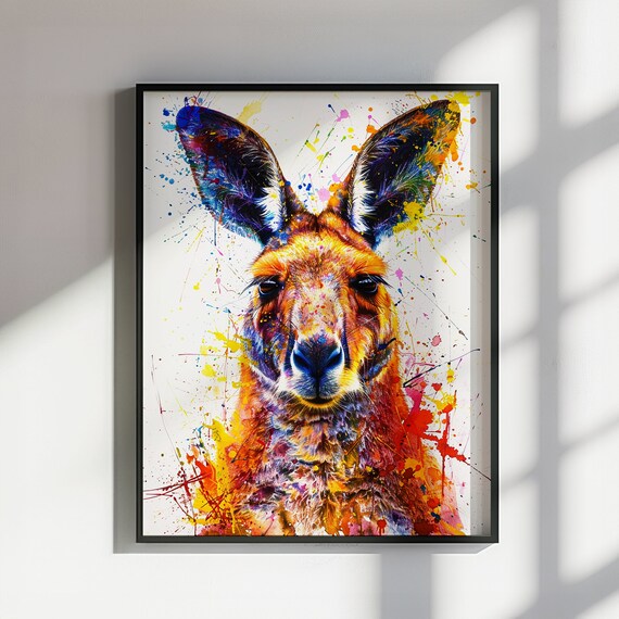 Electric Blue Ear Kangaroo Front View Watercolor Splash Poster