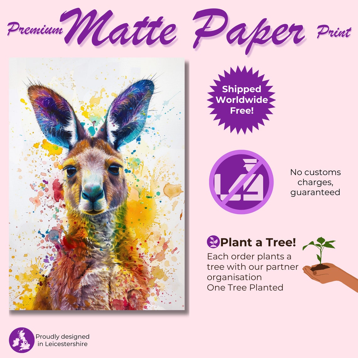 Kangaroo Portrait Orange Yellow Paint Splash Colorful Wall Poster - Image 3