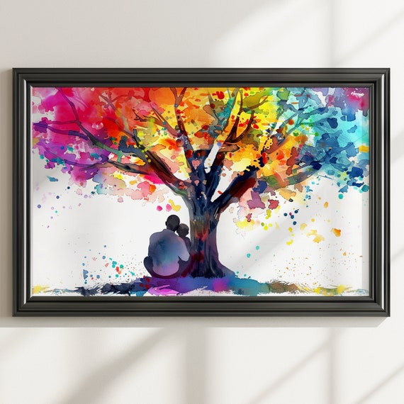 Tree Of Life Father Son Poster Print Dad Child Memory Wall Decor Gifts For Fathers Day Birthday Watercolour Paint Splash Painting