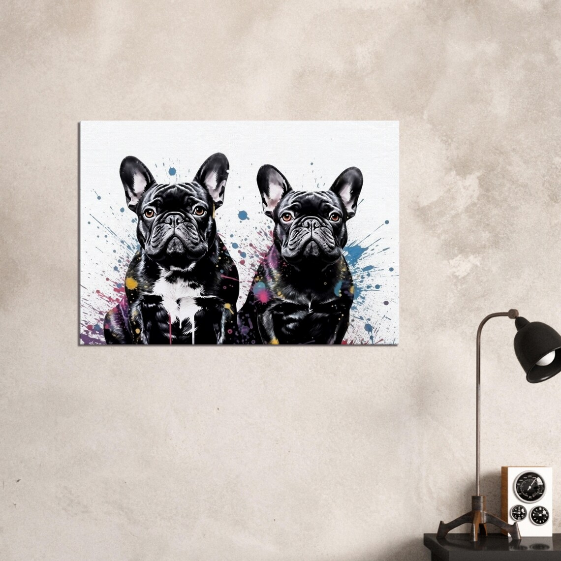 Pair Of Black French Bulldogs Rainbow Watercolor Splash Art Poster - Image 2