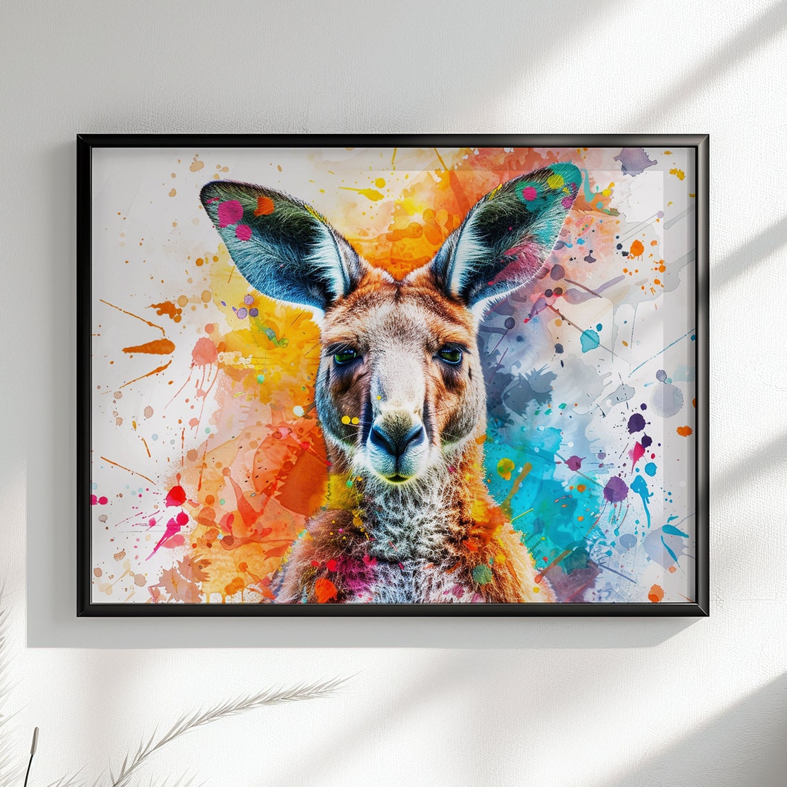 Kangaroo Close Up Portrait Colorful Paint Splash Wildlife Wall Art