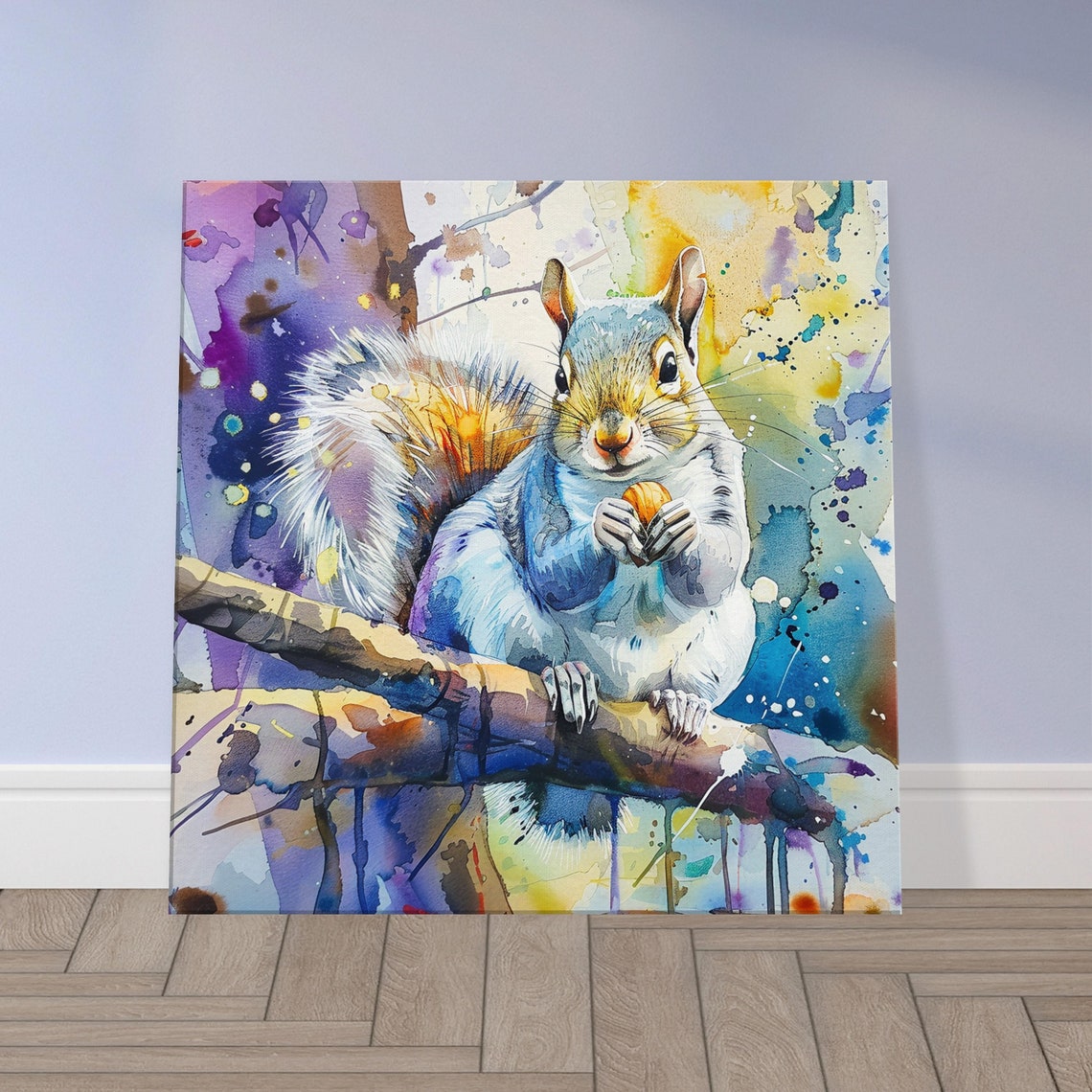 Gray Squirrel Holding Acorn Watercolor Splash Woodland Art Poster - Image 3