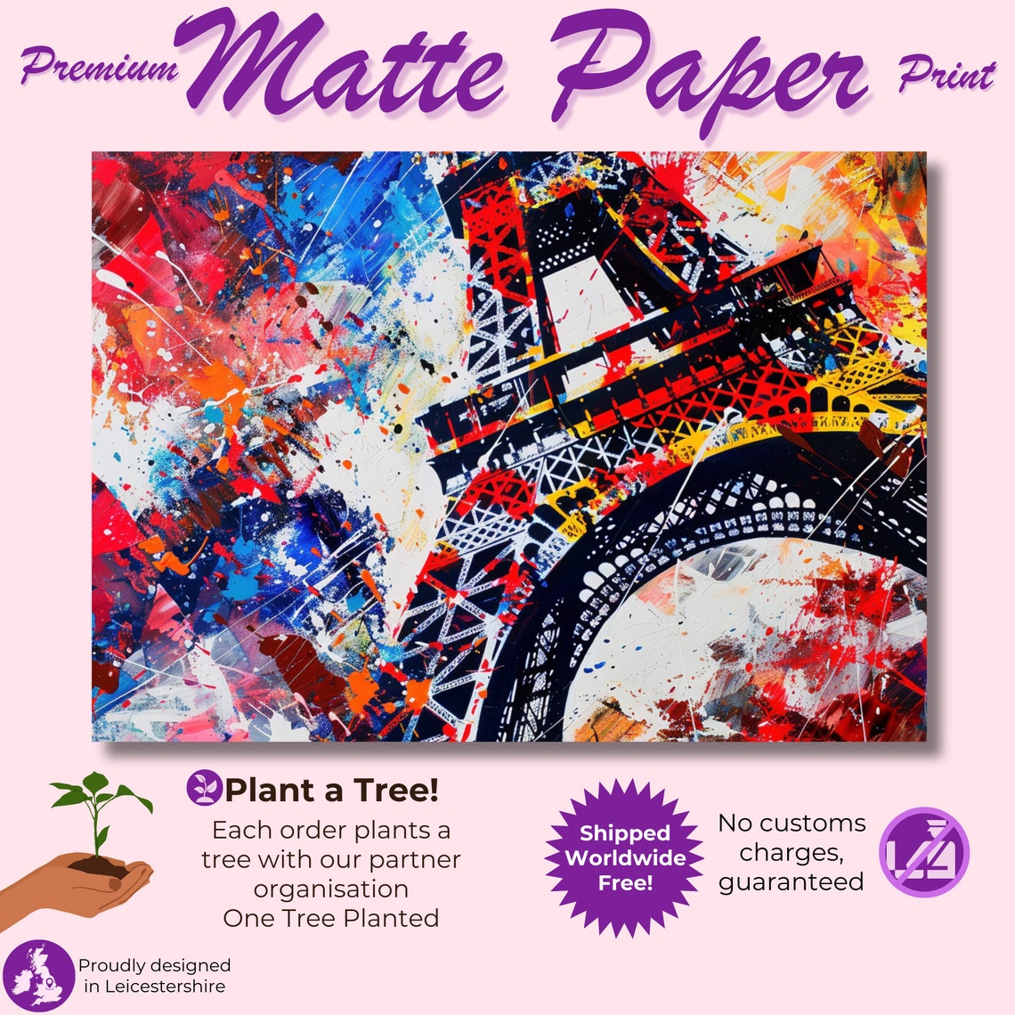 Eiffel Tower Close Up Red Blue Splatter Bold Abstract Poster - Image 2