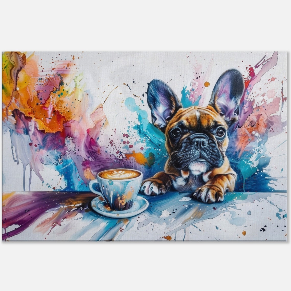 French Bulldog Puppy With Latte Coffee Cup Watercolor Splash Poster