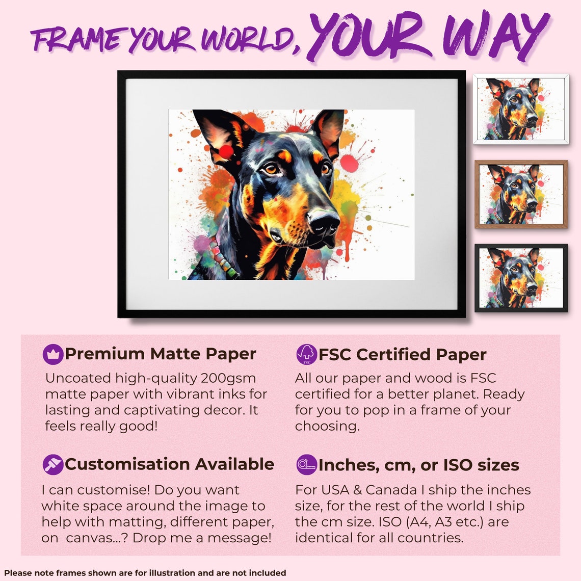 Dobermann Watercolour Portrait Beaded Collar Paint Splash Art Poster - Image 3