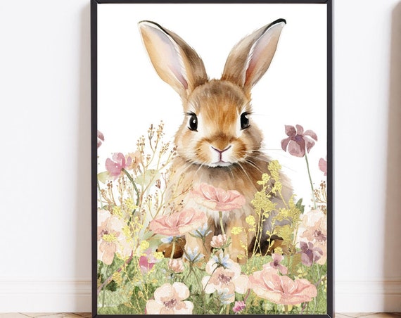 Easter Wall Art Bunny Wildflowers Prints Bunny Easter Decor Spring Prints Cute Easter Nursery Decor Easter Decoration Boho Nursery