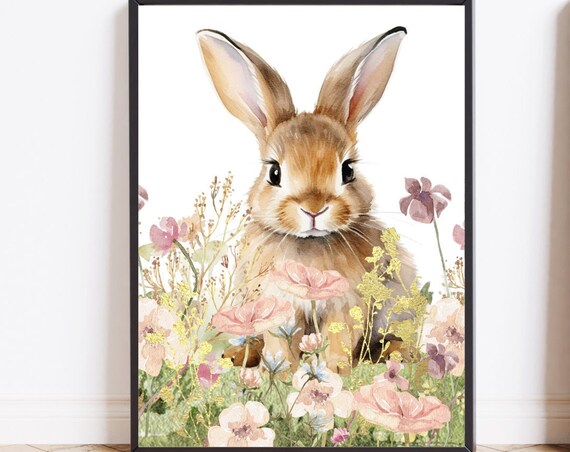Watercolor Bunny Wildflowers Meadow Easter Nursery Art Poster