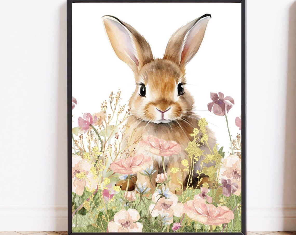 Watercolor Bunny Wildflowers Meadow Easter Nursery Art Poster