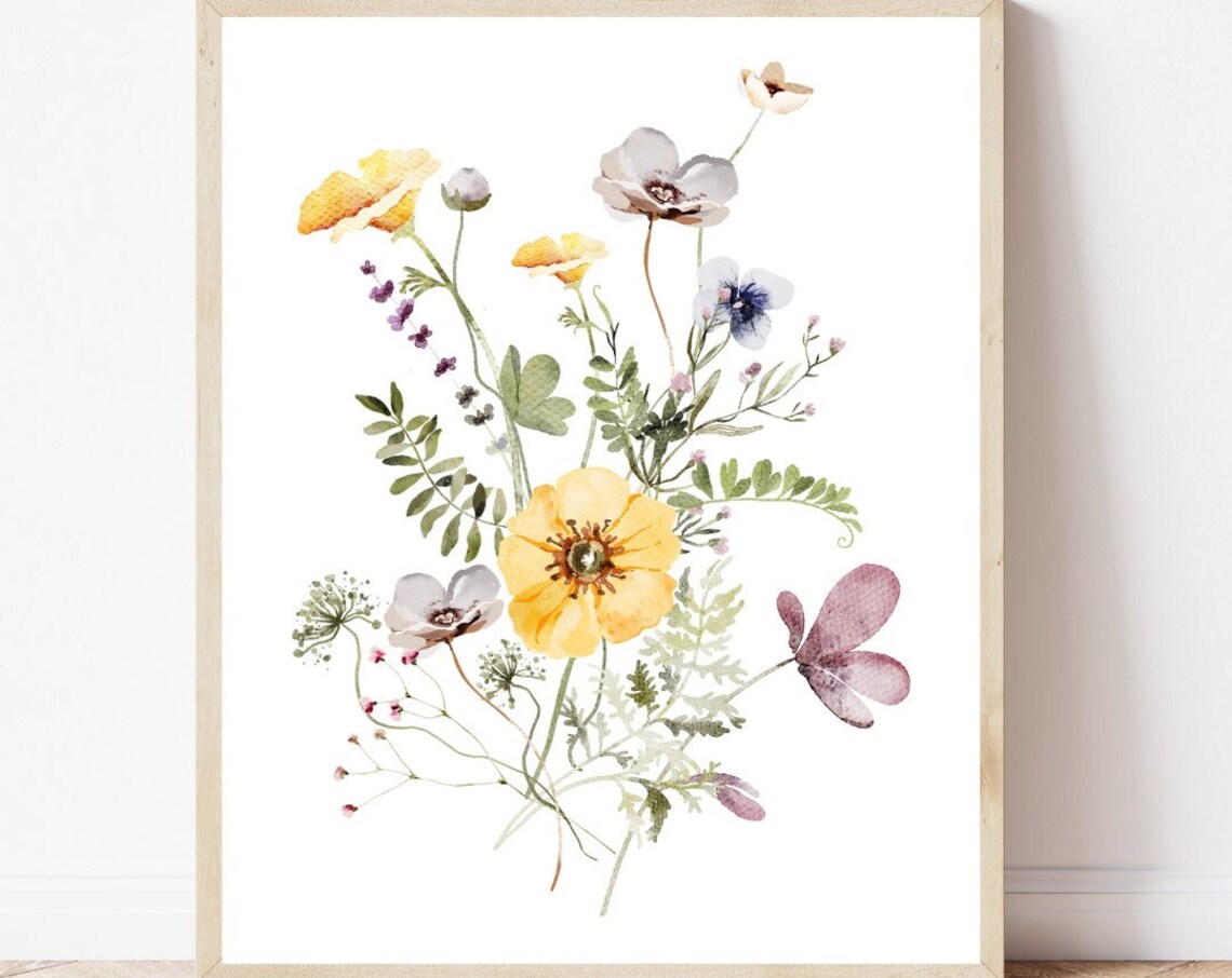 Watercolor Wildflower Bouquet Yellow Purple Botanical Art Poster - Image 2