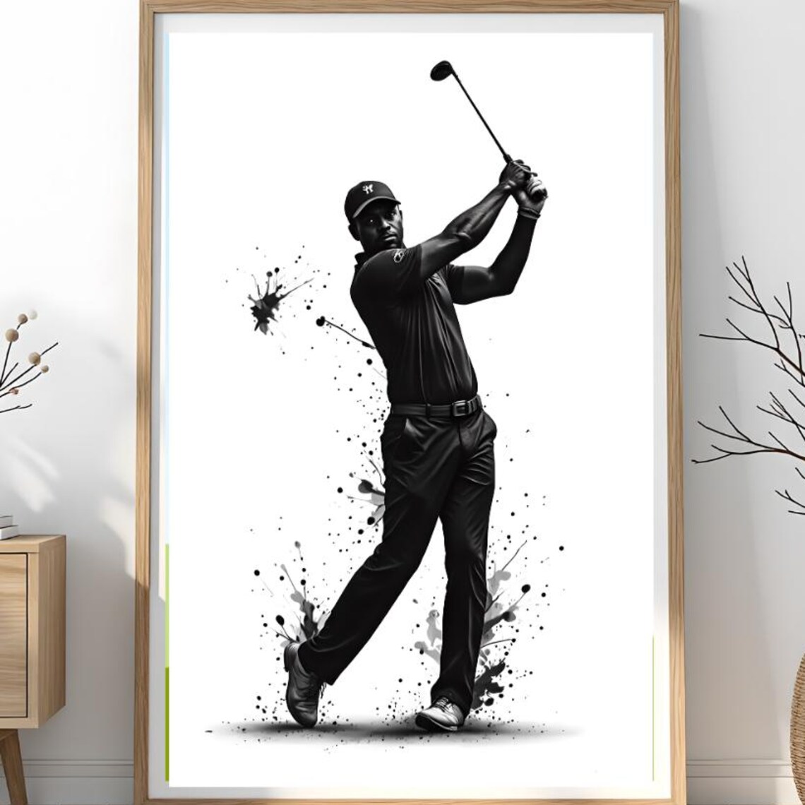 Golfer Mid Swing Black And White Ink Splash Golf Sports Poster