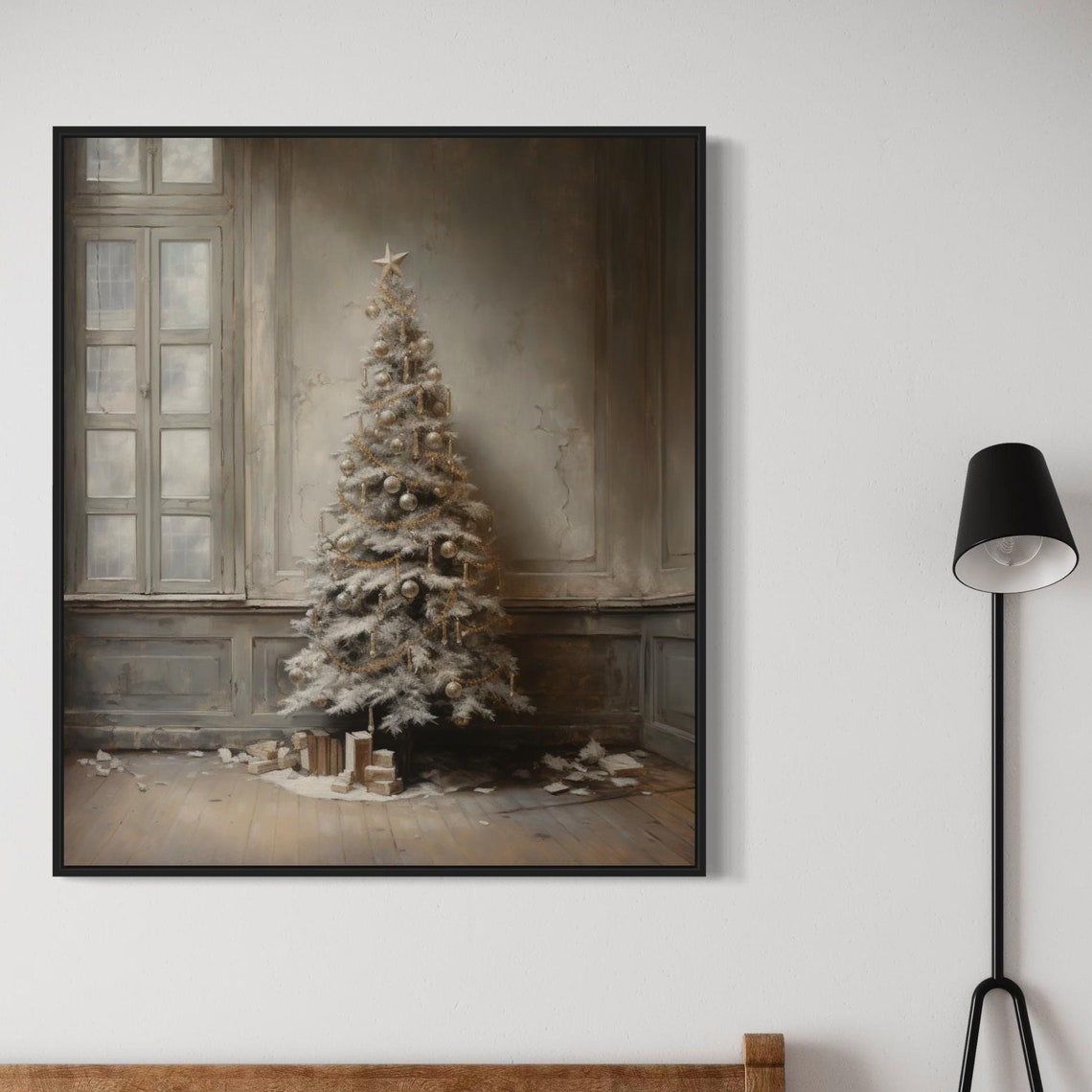 Minimalist White Christmas Tree Rustic Room Vintage Holiday Wall Art