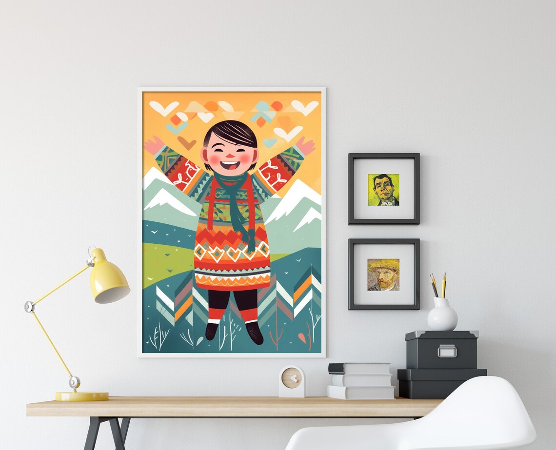 Happy Icelandic Child Traditional Sweater Mountain Folk Art Poster - Image 4
