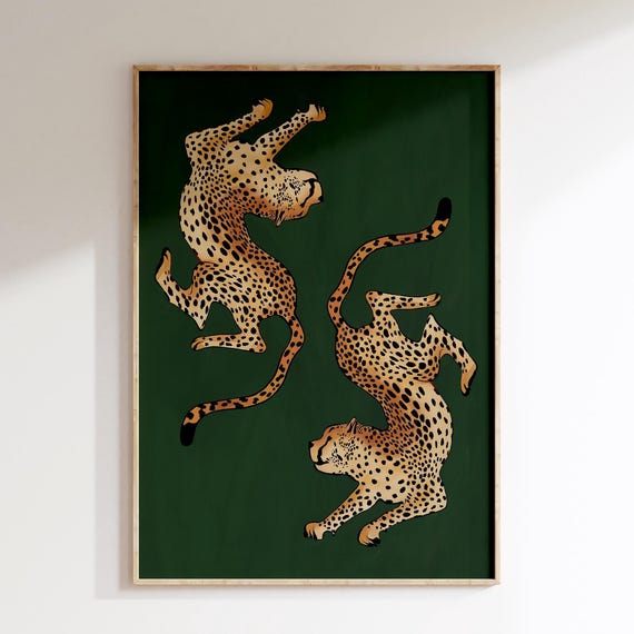 Green Cheetah Print Trendy Wall Art Leopard Poster Preppy Room Decor Apartment Maximalist Retro Funky Y2k