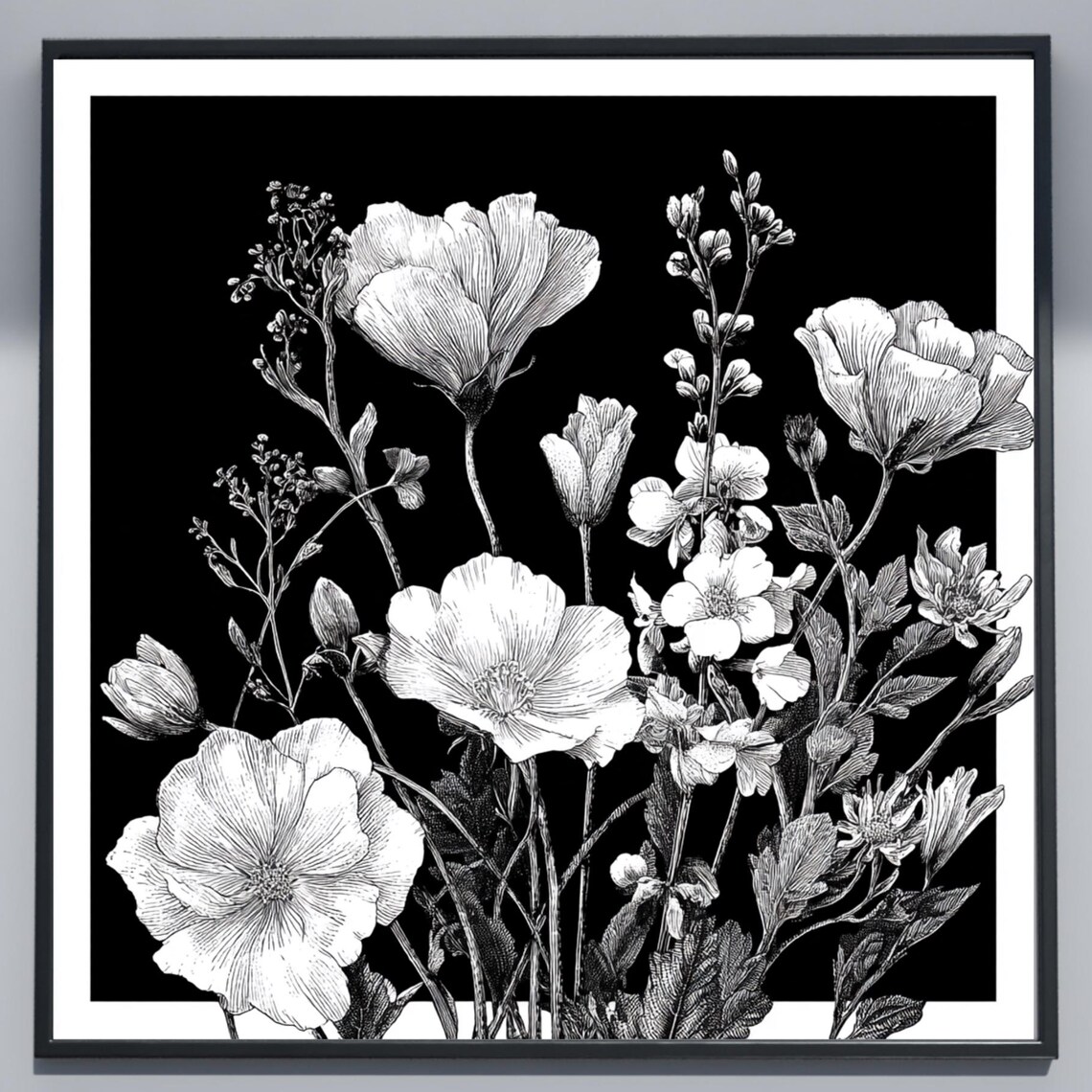 Monochrome Botanical Poster Stylish Vintage Flower Illustration Wall Art Instant