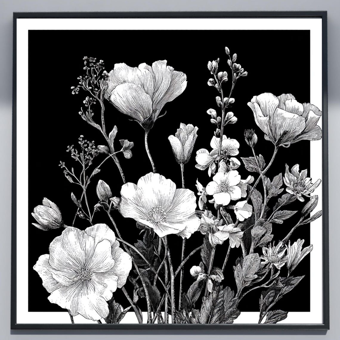 Monochrome Botanical White Poppies Black Background Floral Poster
