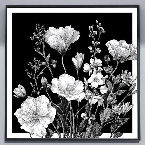 Monochrome Botanical Poster Stylish Vintage Flower Illustration Wall Art Instant