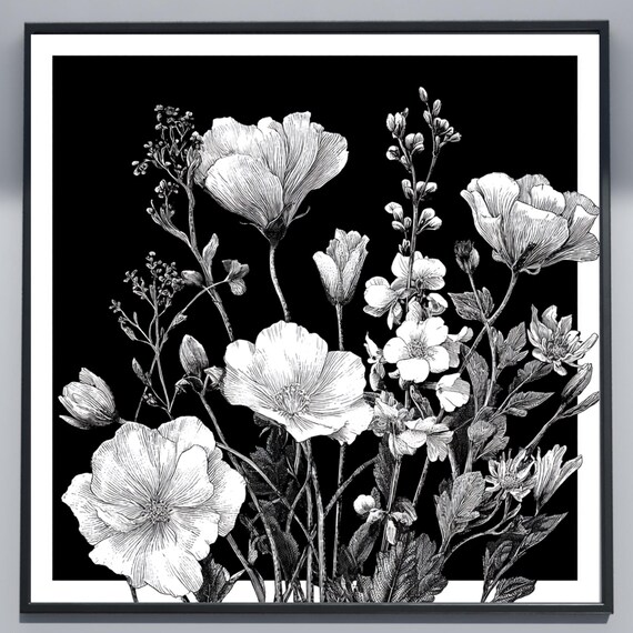 Monochrome Botanical White Poppies Black Background Floral Poster