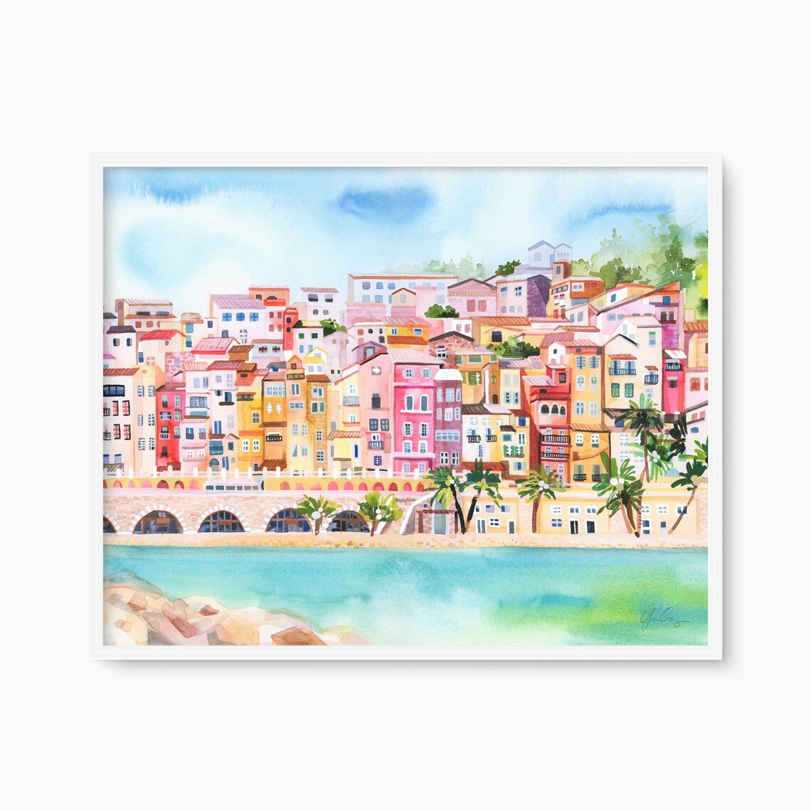 Menton France Colorful Coastal Town Watercolor Scenic Art Poster