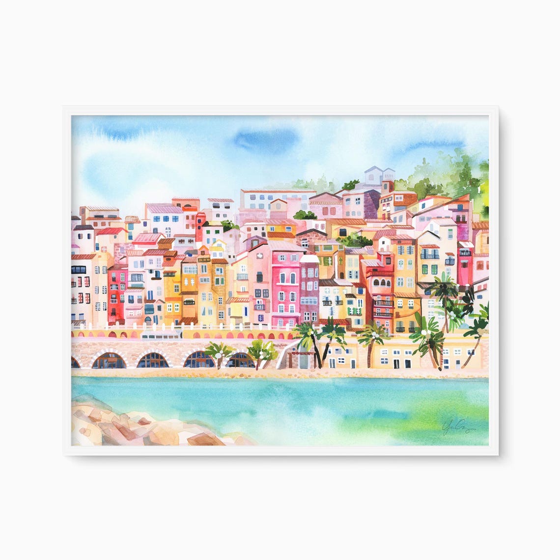 Menton France Watercolor Art Print Colorful Coastal Buildings Scenic Village Landscape Mediterranean Travel Poster French Riviera Decor