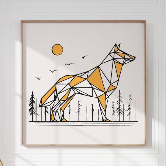 Geometric Wolf In Nordic Forest Abstract Animal Poster For Minimalist Scandinavian Wall Art I Mustard Color Accent Graphic Line Art