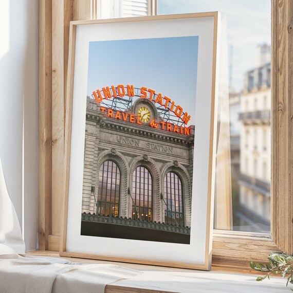Denver Union Station Travel by Train Neon Sign Photo Art Poster