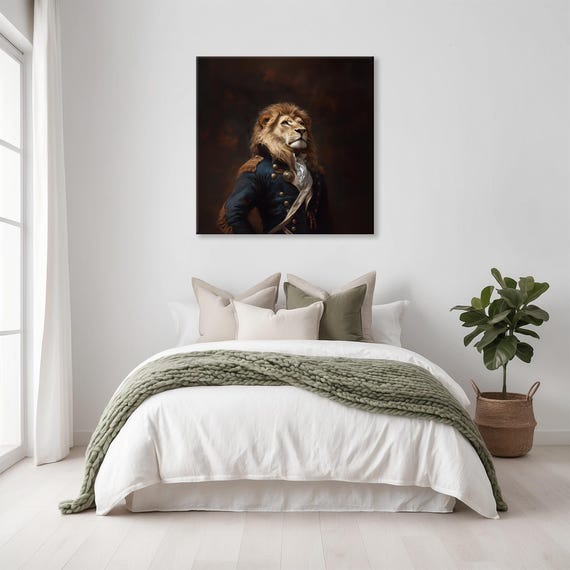 Maximalist Eclectic Victorian Sailor Lion Print Bold Altered Animal Portrait Fantasy Fun Colorful Renaissance Rustic Art