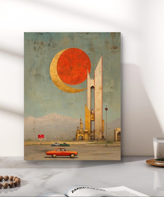 Retro Pakistan Cityscape Art Print Mosque Crescent Moon