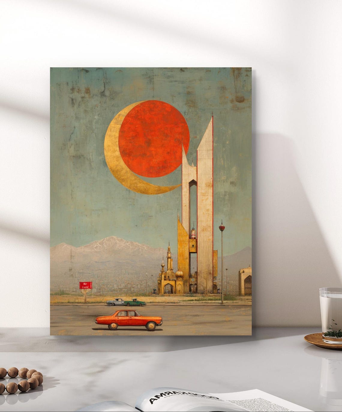 Retro Pakistan Cityscape With Mosque And Crescent Moon Art Poster