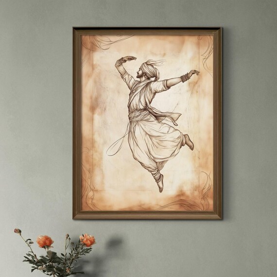 Turbaned Male Folk Dancer Sepia Ink Sketch Traditional Dance Poster