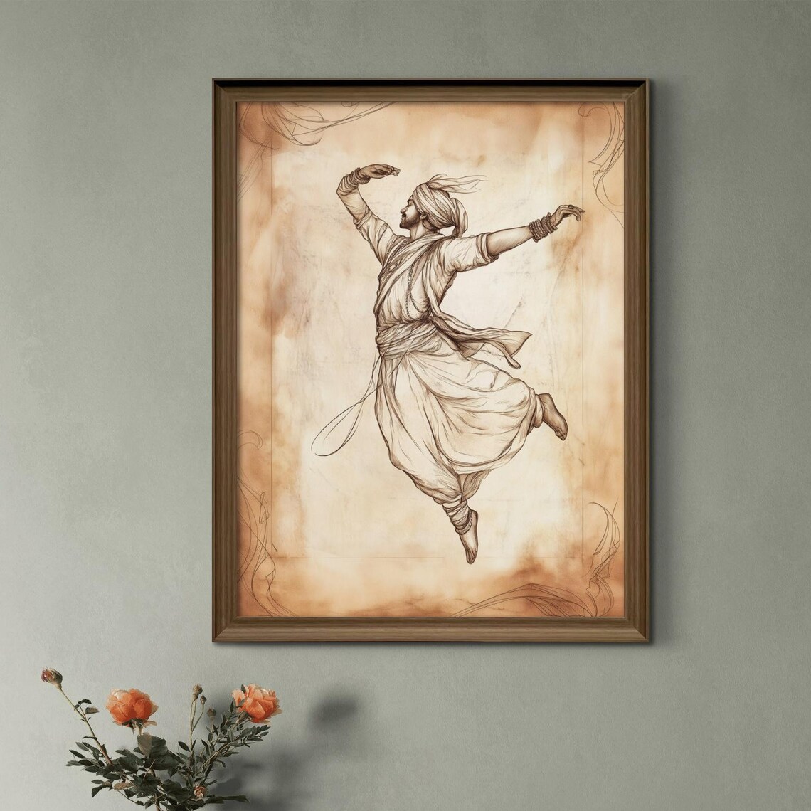 Turbaned Male Folk Dancer Sepia Ink Sketch Traditional Dance Poster