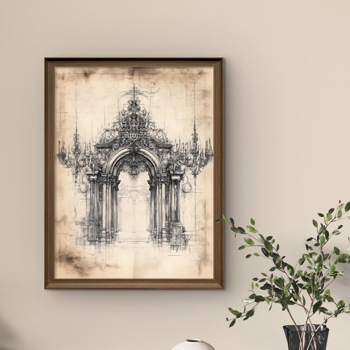Victorian Gothic Archway Ornate Baroque Architecture Sketch Vintage Poster