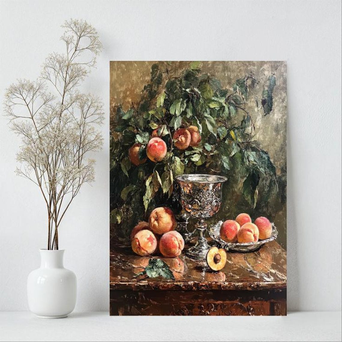 Vintage Peach Still Life Painting, Kitchen Decor