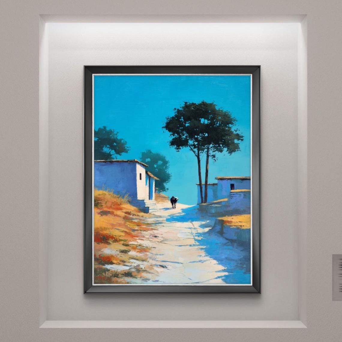 Punjabi Village Pathway Whitewashed Houses Oil Painting Poster