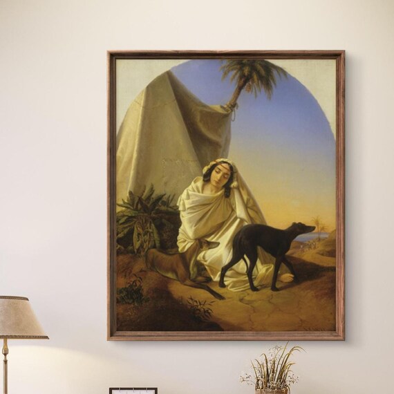 Vintage Orientalist Painting Arab Girl With Greyhounds Print