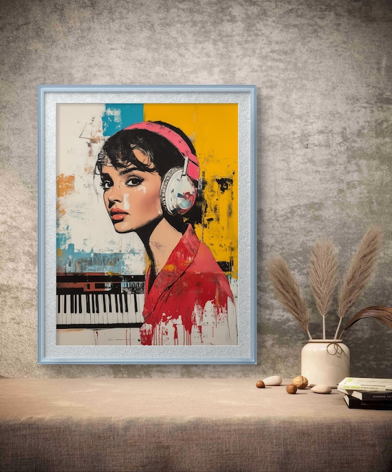 Woman with Red Headphones Pop Art Music Portrait Studio Poster